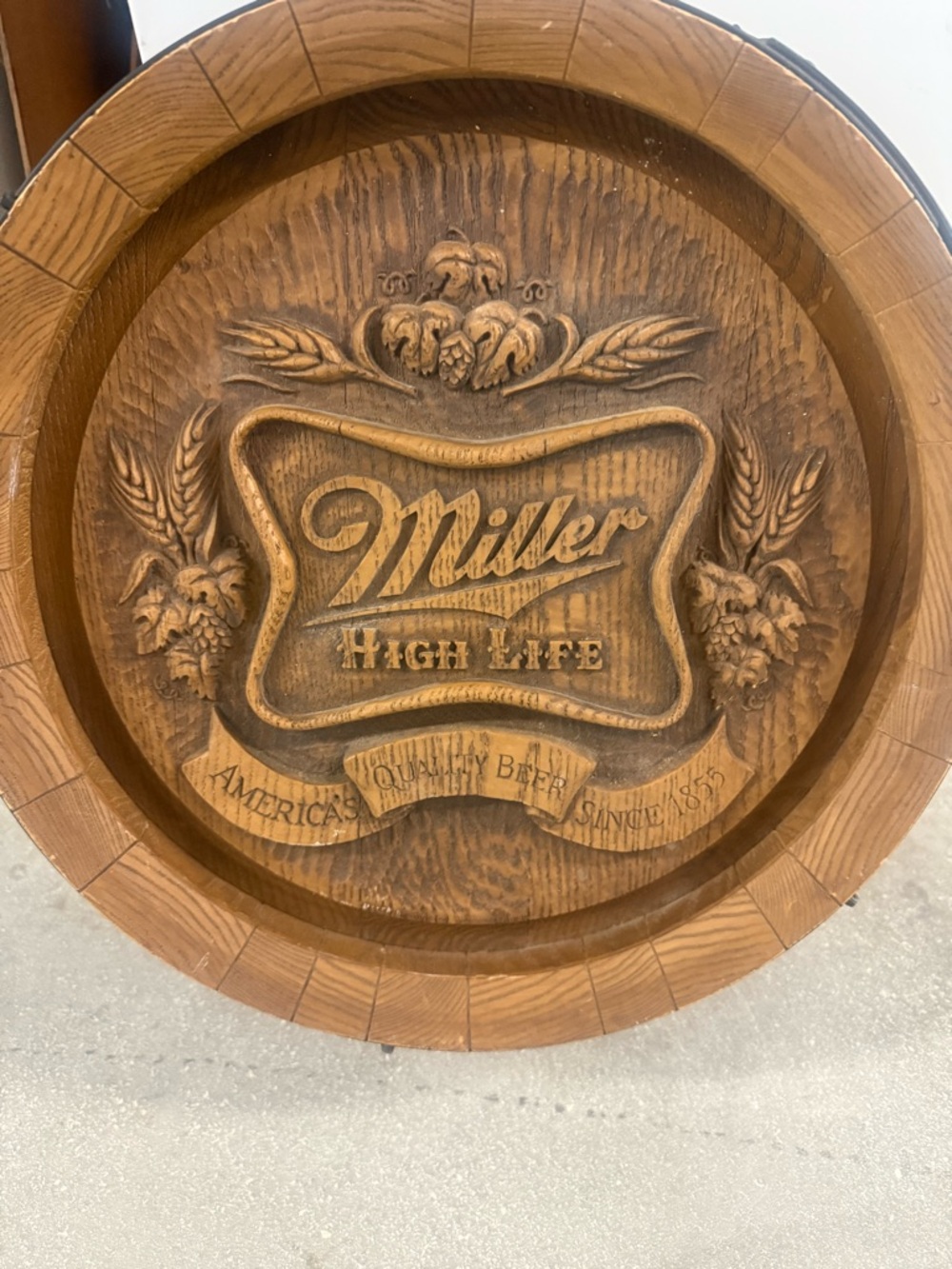 Vintage Miller High Life beer barrel sign. 18" Plastic